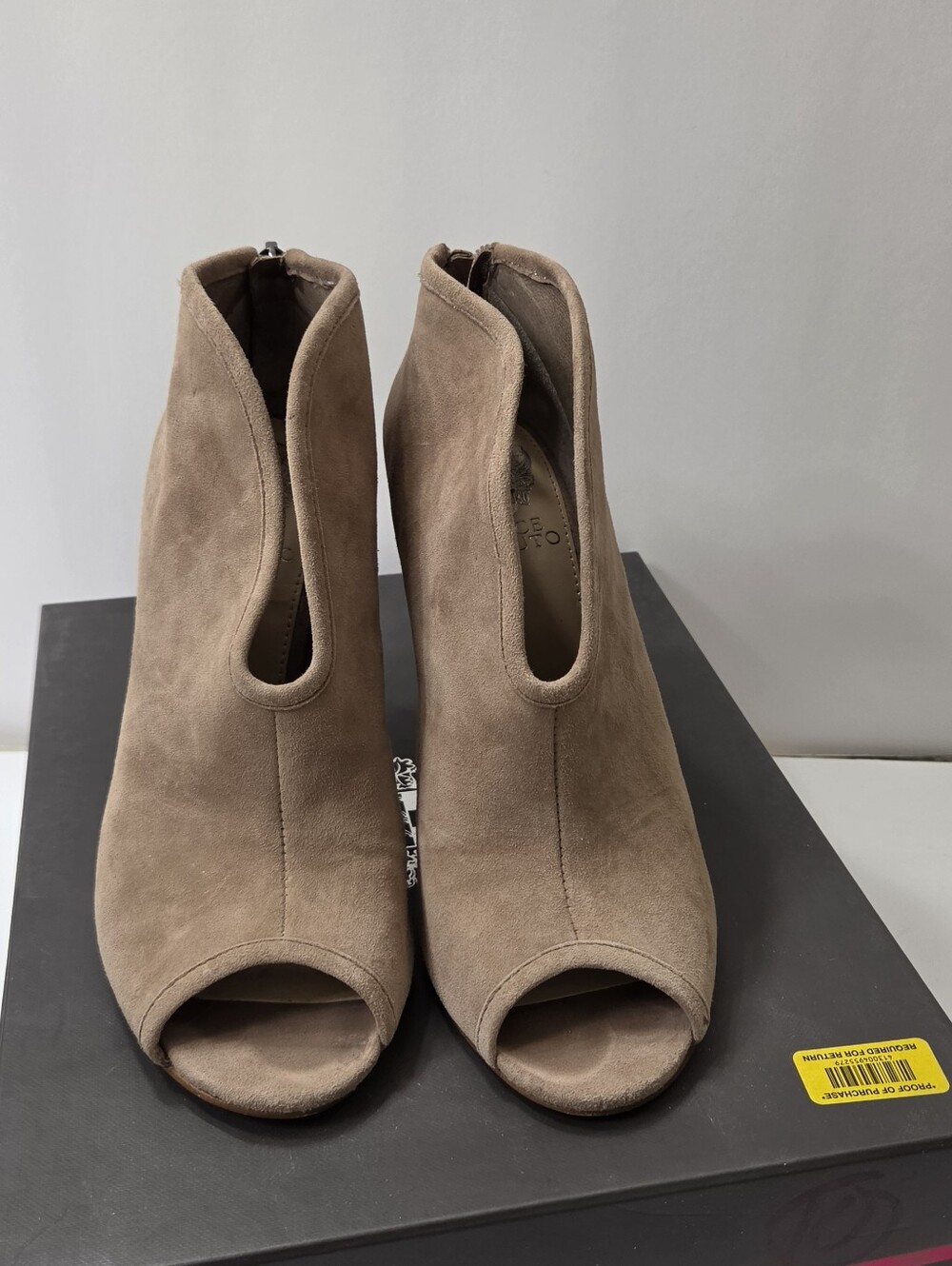 Vince Camuto Taupe Suede Peep-Toe Booties